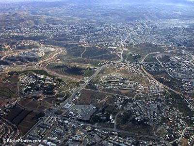 City of Bethlehem; the main road in the middle leads to Jerusalem about 5 miles to the north. Modern Bethlehem is much larger than when Jesus was born there.